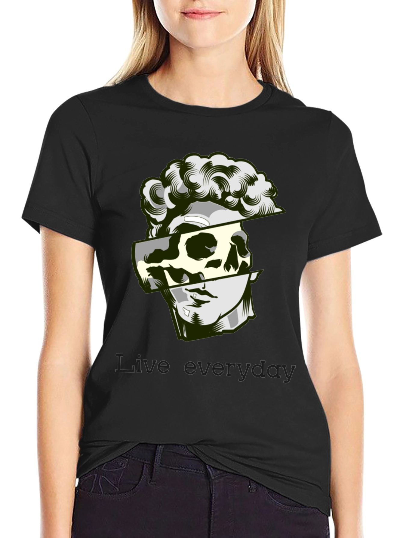 Modern Graphic Tee - Skull & Statue Design