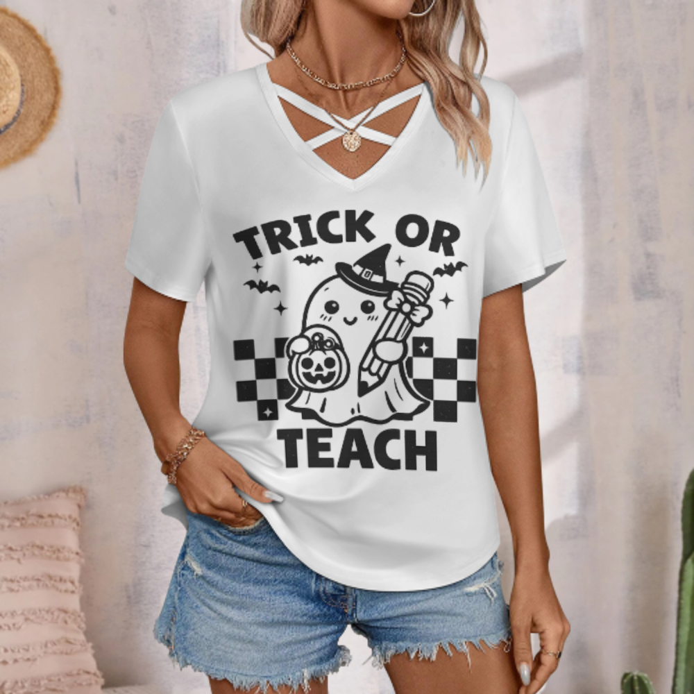 Trick Or Teach Halloween Teacher Shirt – Cute Ghost Graphic Fall Season Tee(z841)