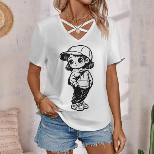 Cute Chibi Streetwear Girl Graphic Tee | Kawaii Cartoon Hoodie Girl Shirt | Trendy Casual Fashion T-Shirt for Women(z847)