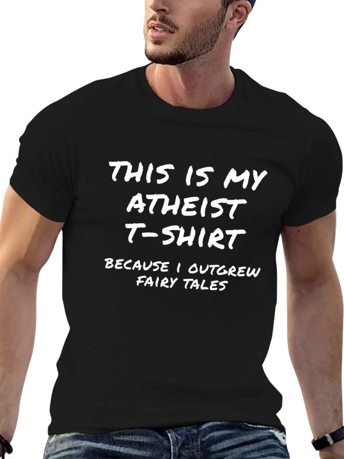 Atheist T-Shirt: Outgrew Fairy Tales Slogan Tee