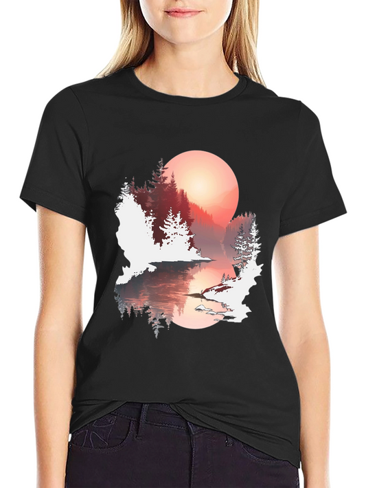 Nature Lake Sunset Graphic Tee - Soft Black Cotton Shirt