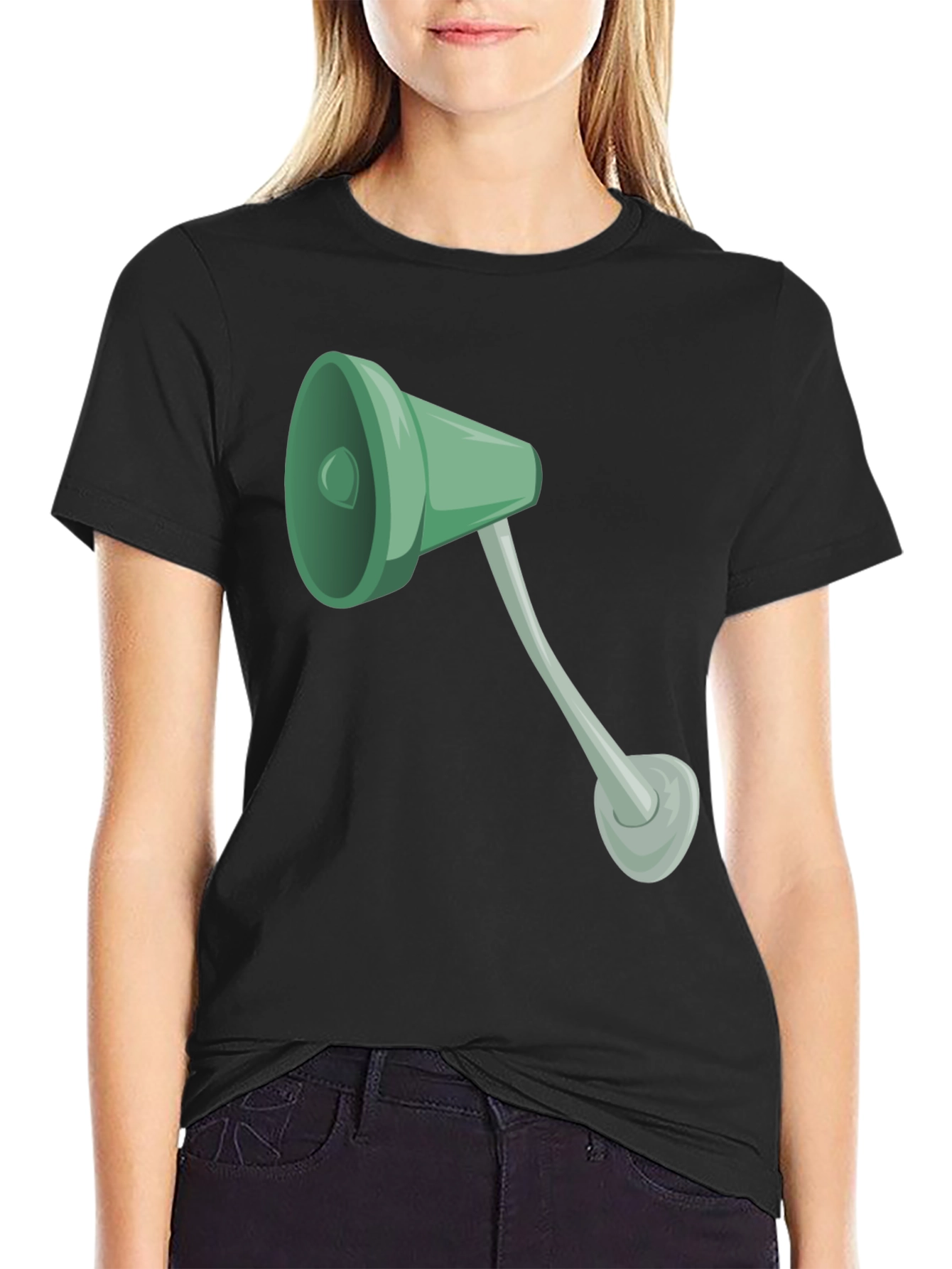 Black Tee with Cartoon Lamp Graphic
