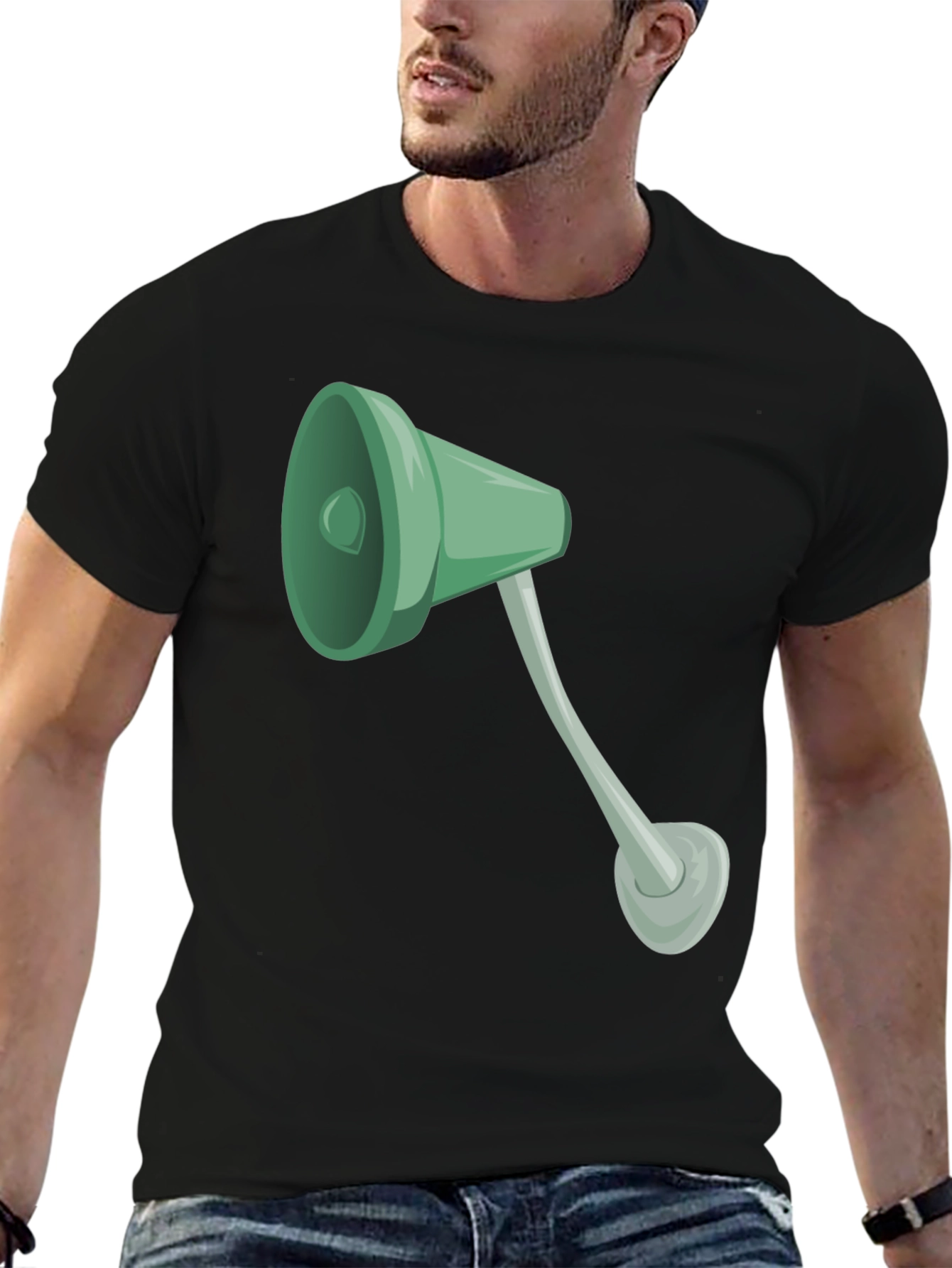 Black Tee with Cartoon Lamp Graphic