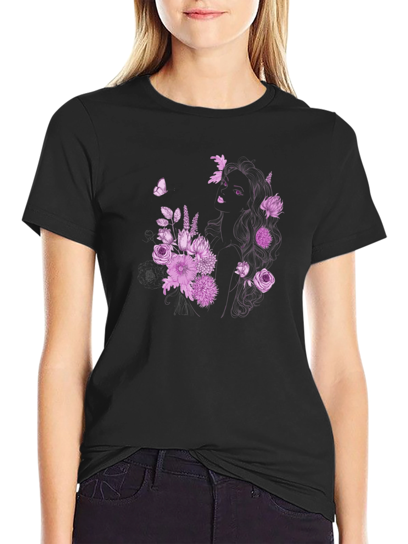 Floral Girl Graphic Black T-Shirt