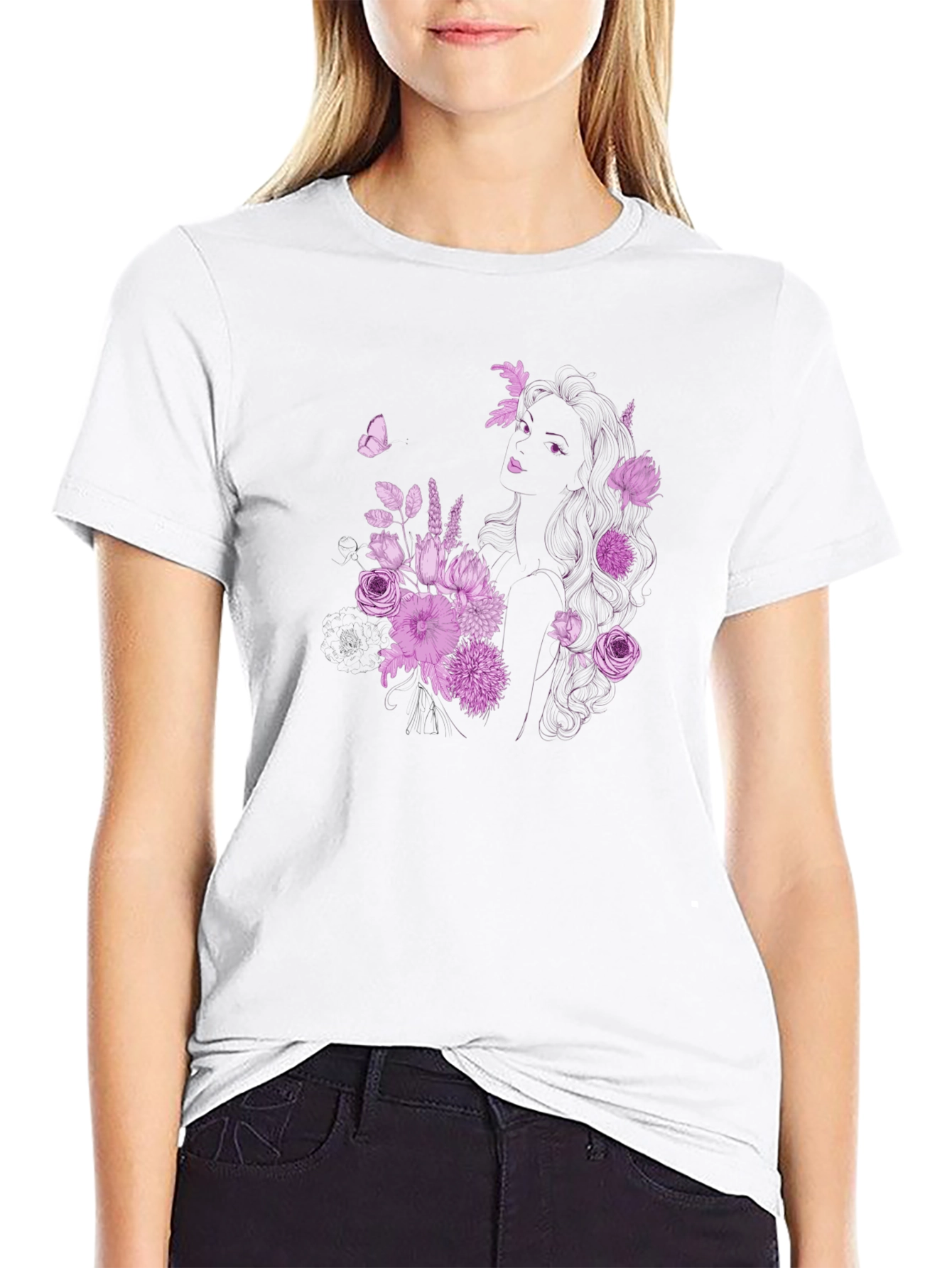 Floral Girl Graphic Black T-Shirt