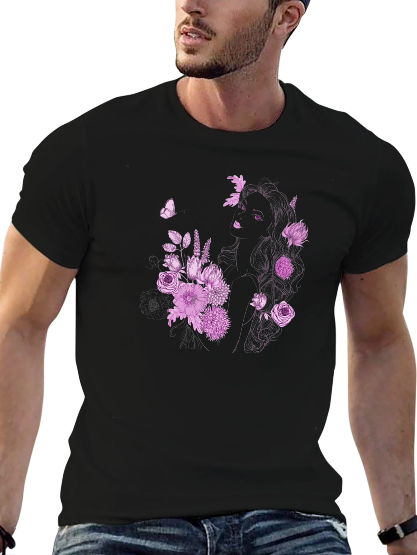 Floral Girl Graphic Black T-Shirt