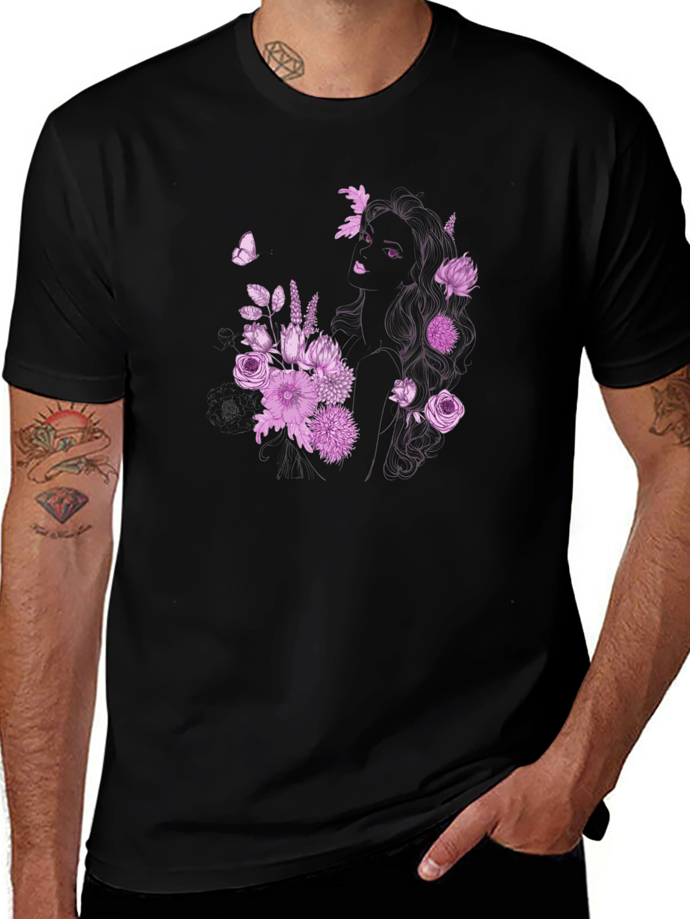 Floral Girl Graphic Black T-Shirt
