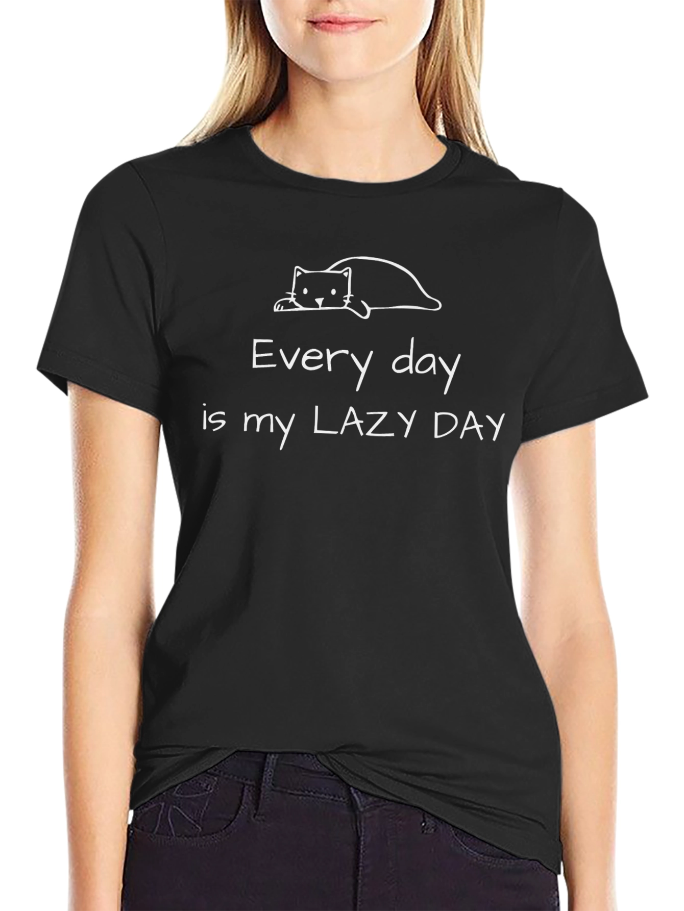Lazy Day Black T-Shirt - Cute Cat Graphic