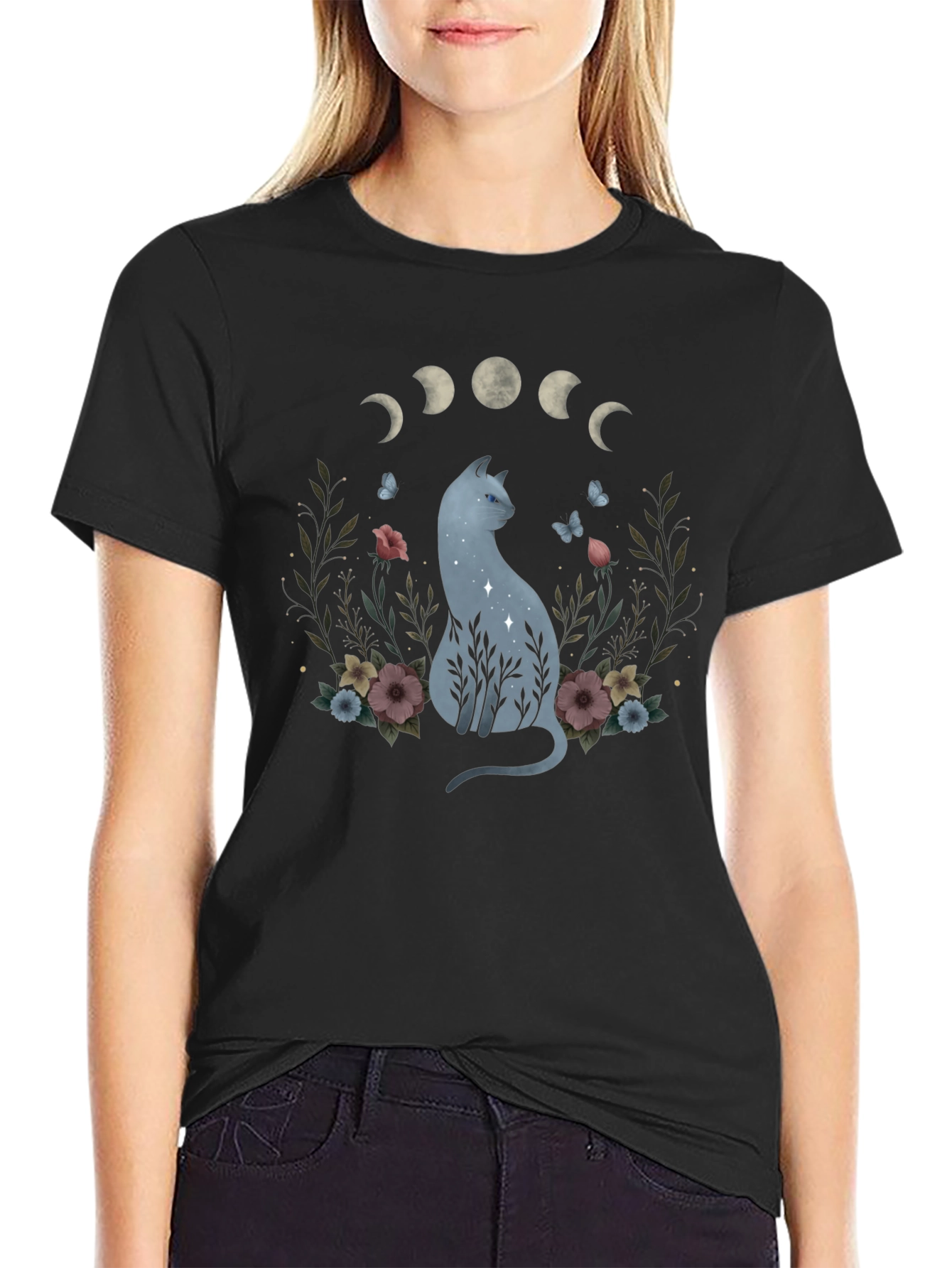 Moon Phase Cat Graphic T-Shirt