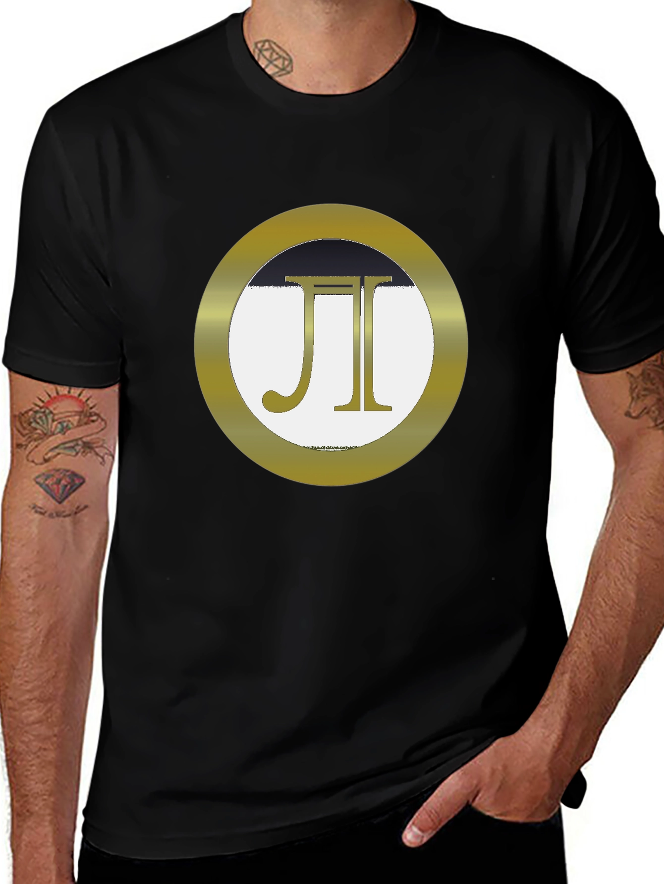 Stylish Black Tee with Gold JI Circle Graphic