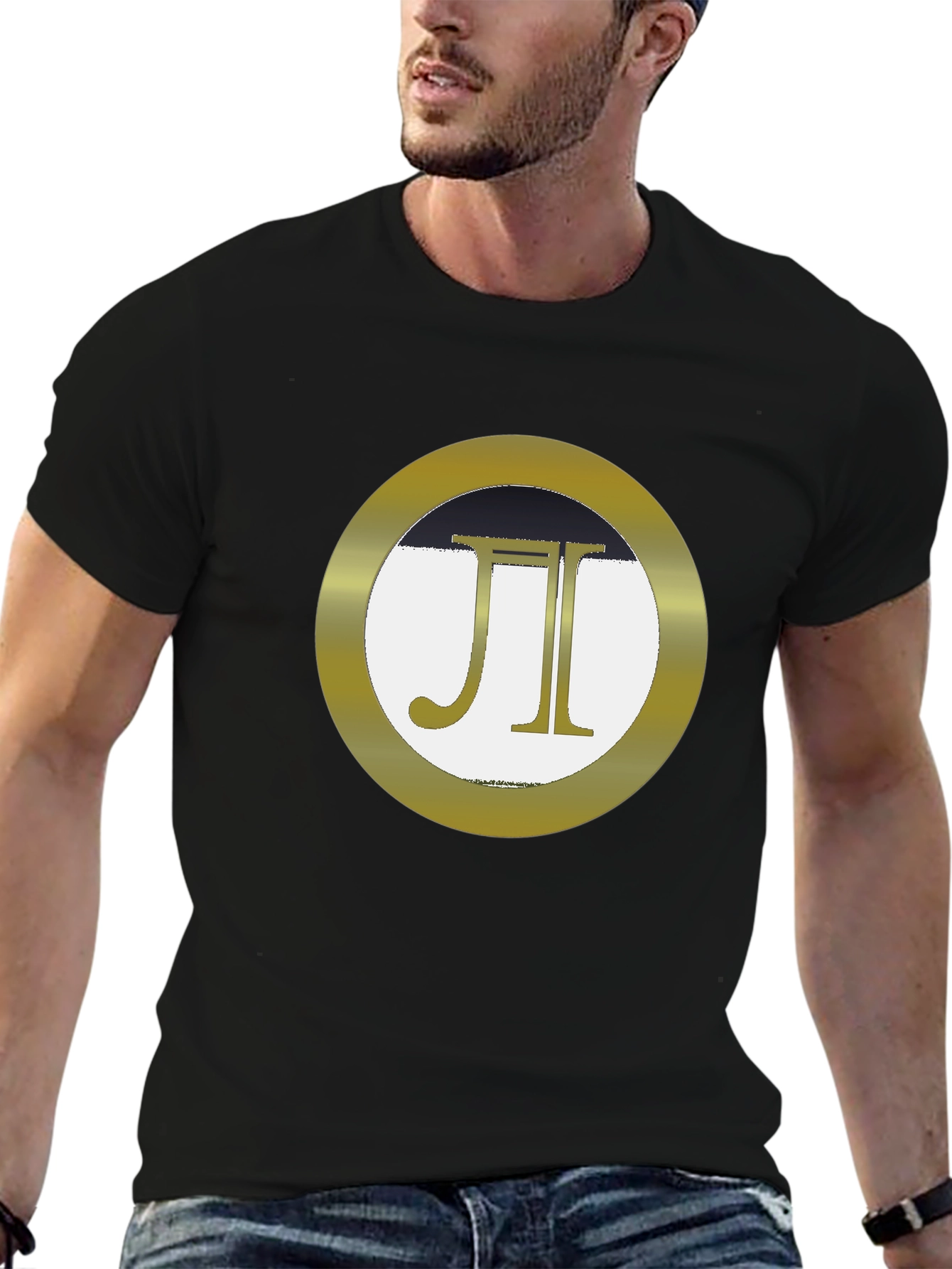 Stylish Black Tee with Gold JI Circle Graphic