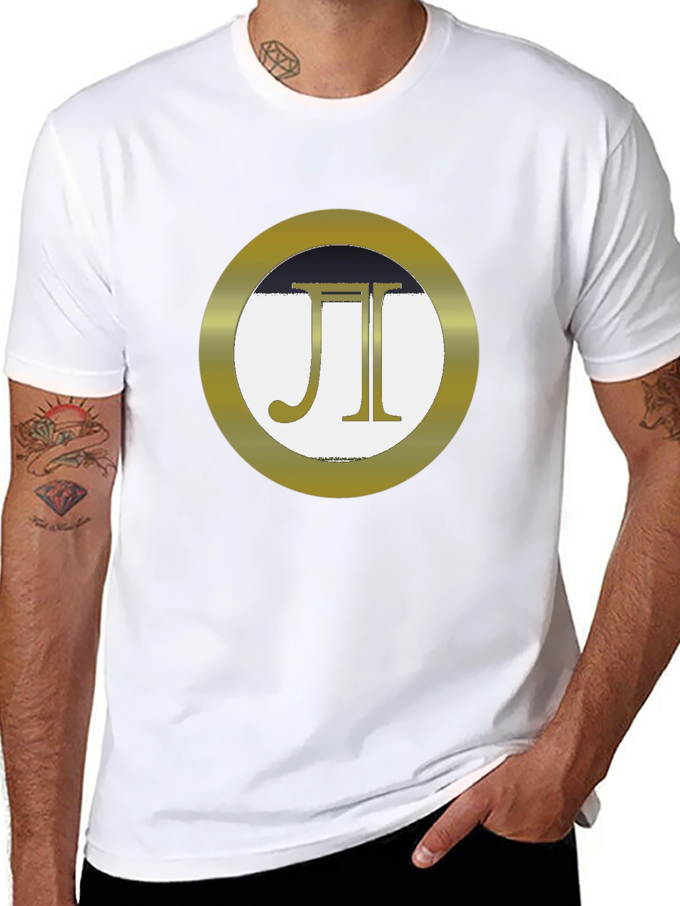 Stylish Black Tee with Gold JI Circle Graphic
