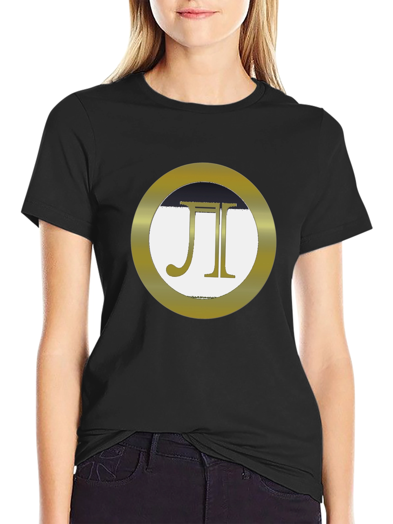 Stylish Black Tee with Gold JI Circle Graphic