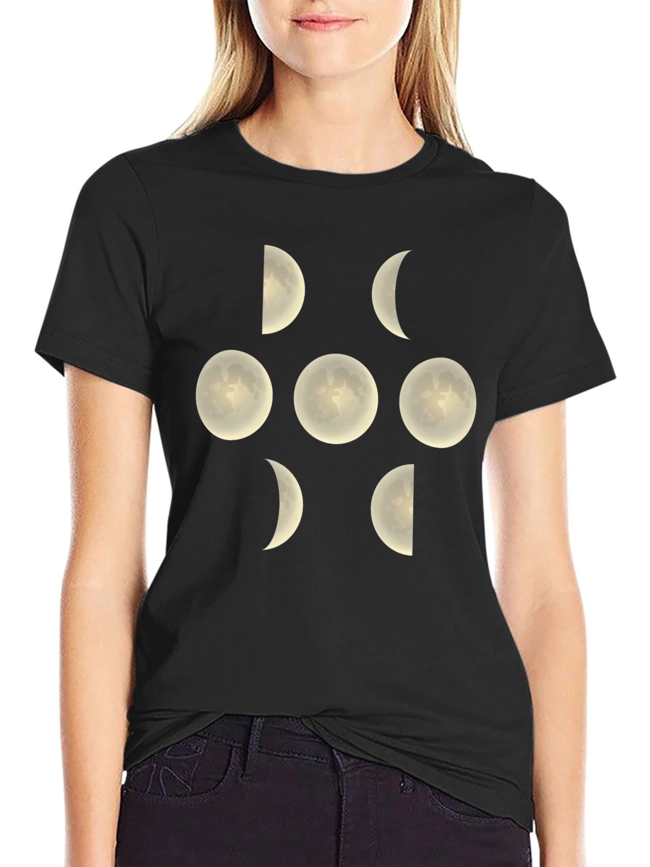 Moon Phases Graphic Tee - Black Cotton Shirt