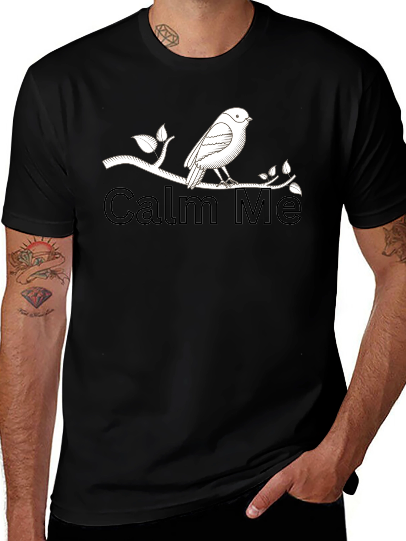 Calm Me Bird on Branch Black T-Shirt