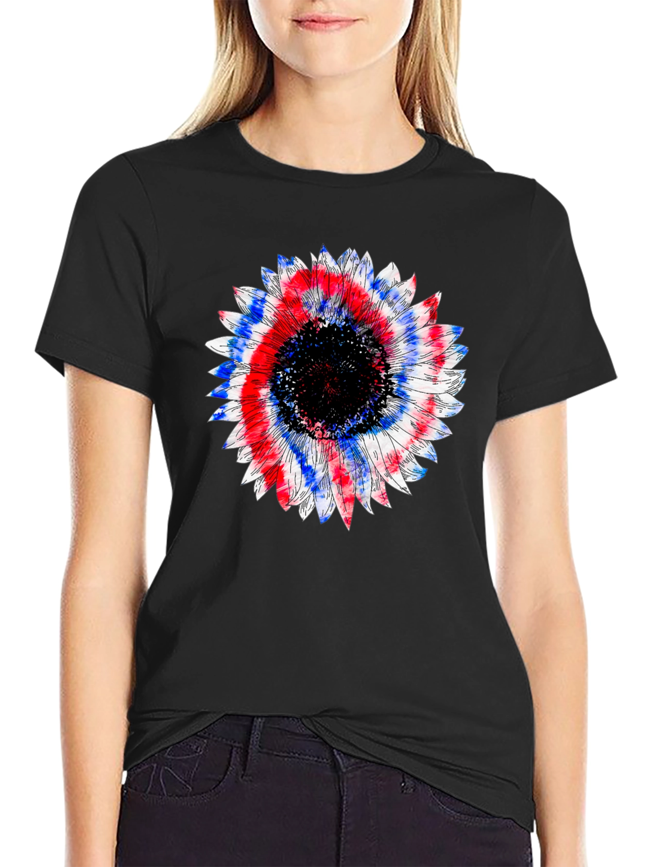 Patriotic Sunflower Graphic Tee - Black Cotton T-Shirt