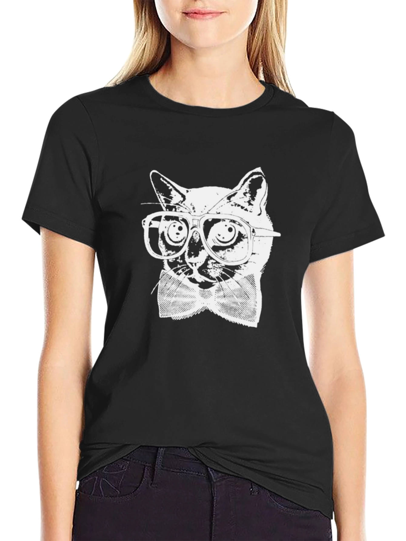Cool Cat with Glasses Black T-Shirt