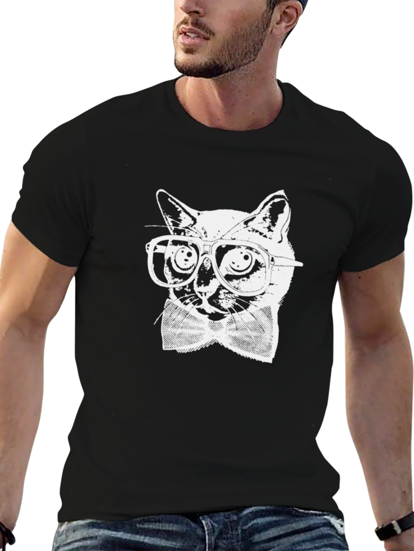 Cool Cat with Glasses Black T-Shirt