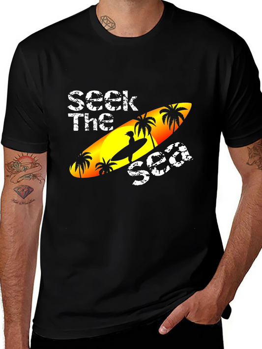 Seek The Sea Graphic T-Shirt - Surfboard & Palm Trees