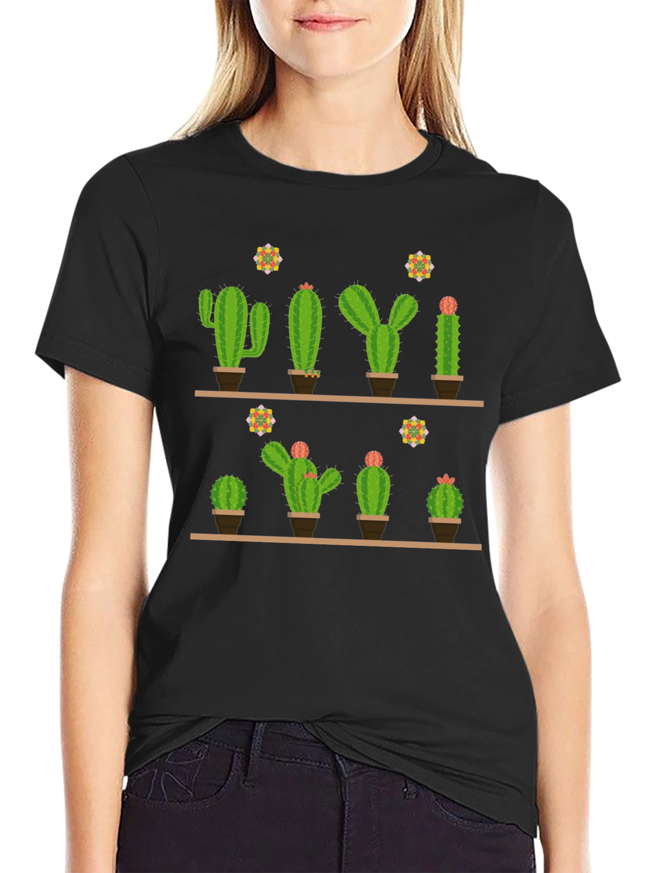 Cactus Print Black T-Shirt