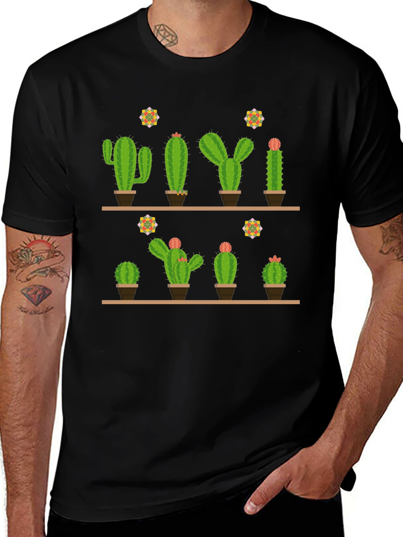 Cactus Print Black T-Shirt