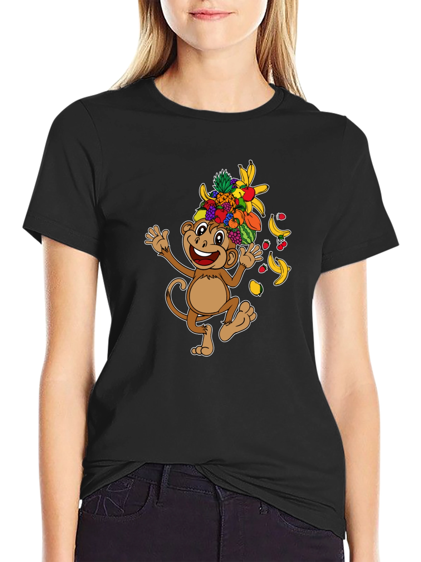 Fun Monkey Fruit Head T-Shirt - Black Cotton Tee