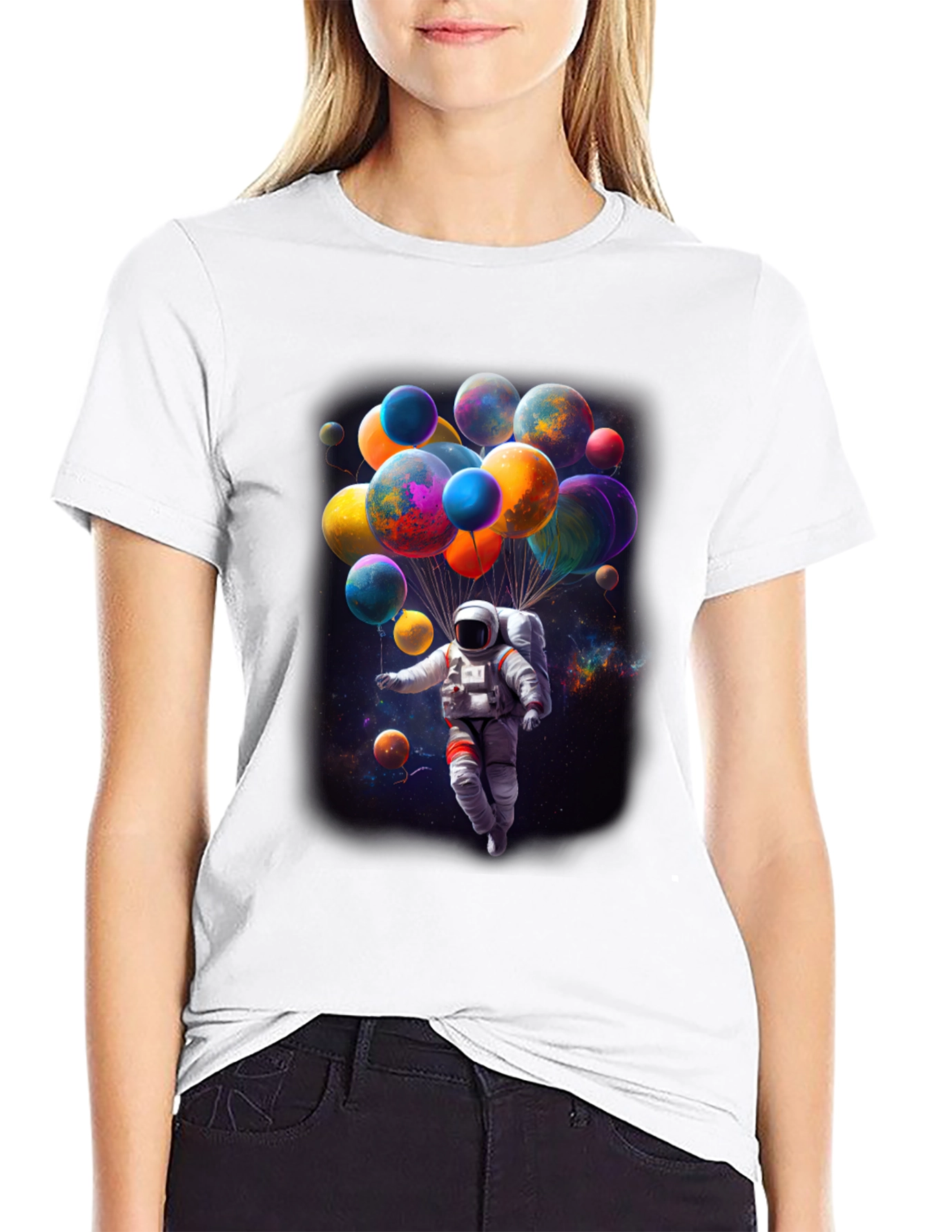 Astronaut in Space Balloons Graphic T-Shirt