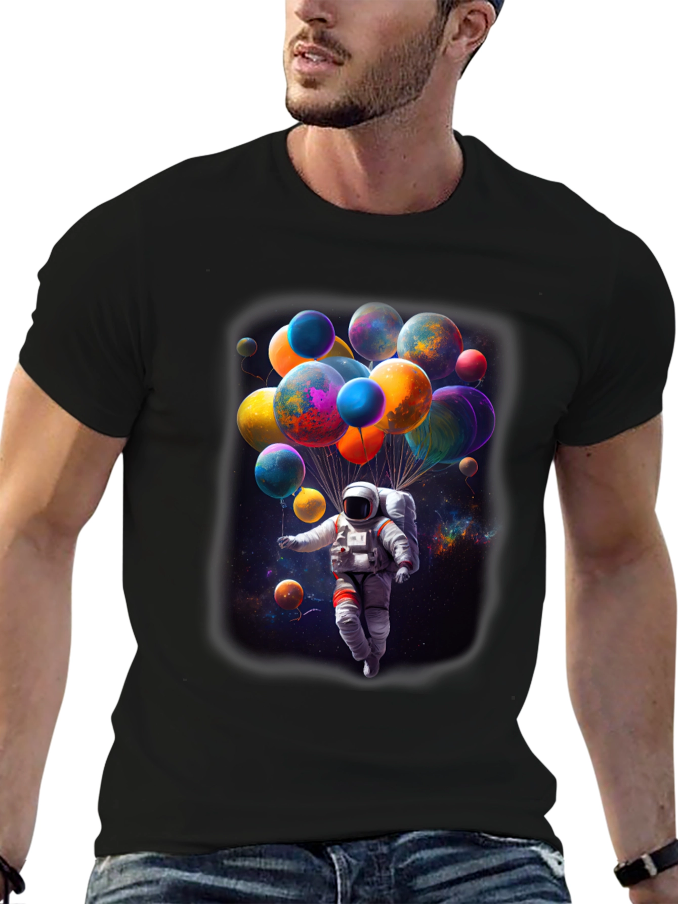 Astronaut in Space Balloons Graphic T-Shirt