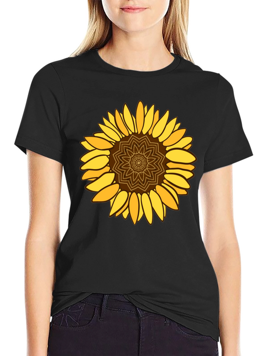 Sunflower Mandala Graphic Tee - Black Cotton Blend Casual Shirt