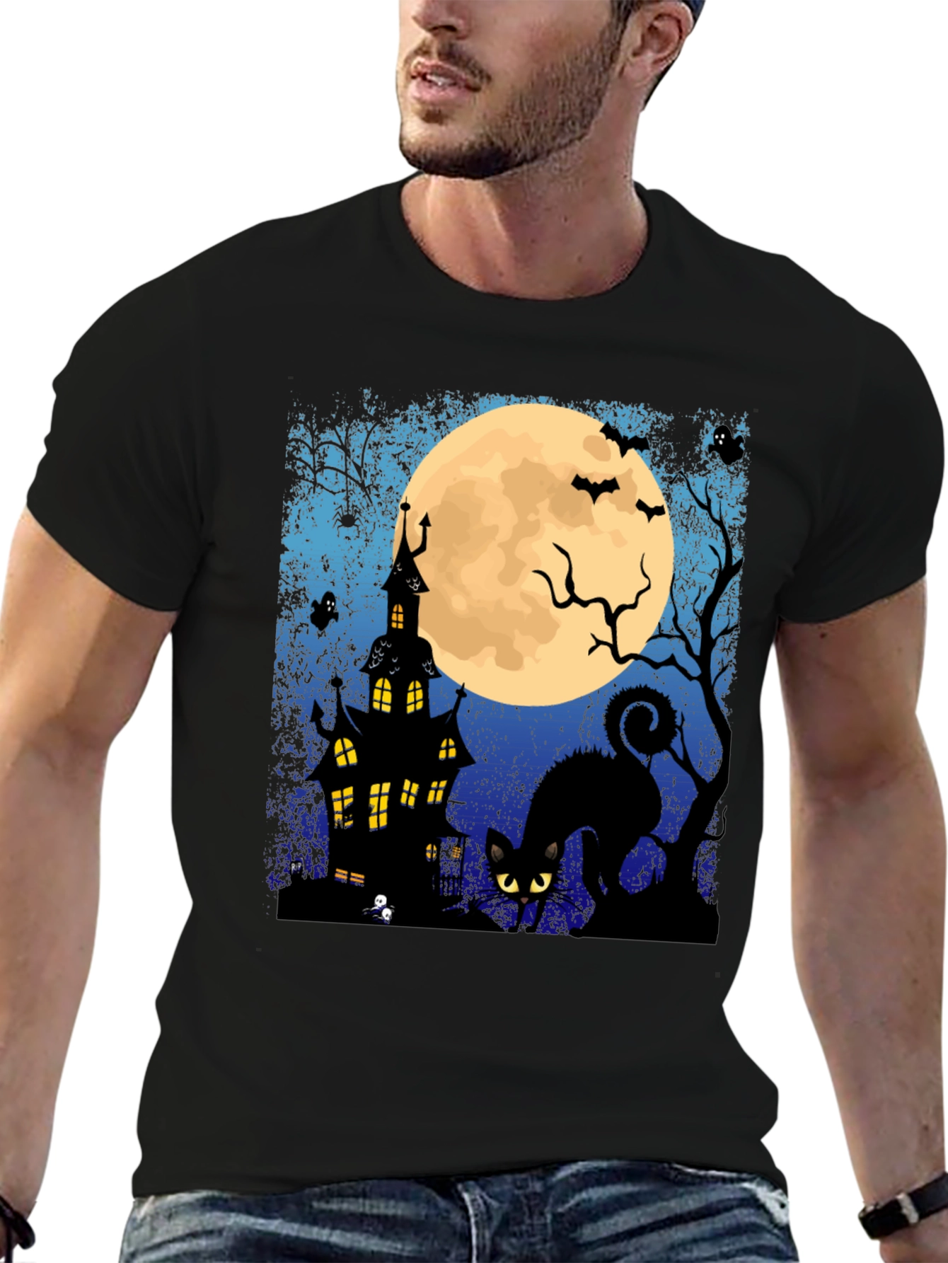 Halloween Black Cat & Haunted House T-Shirt