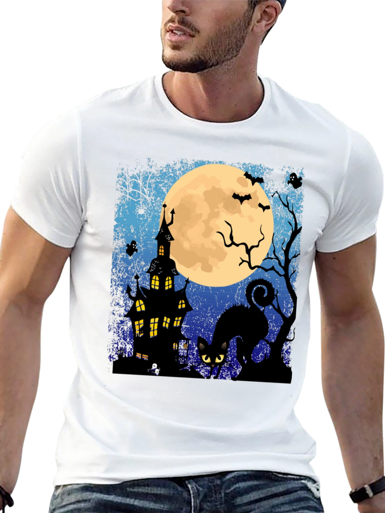 Halloween Black Cat & Haunted House T-Shirt