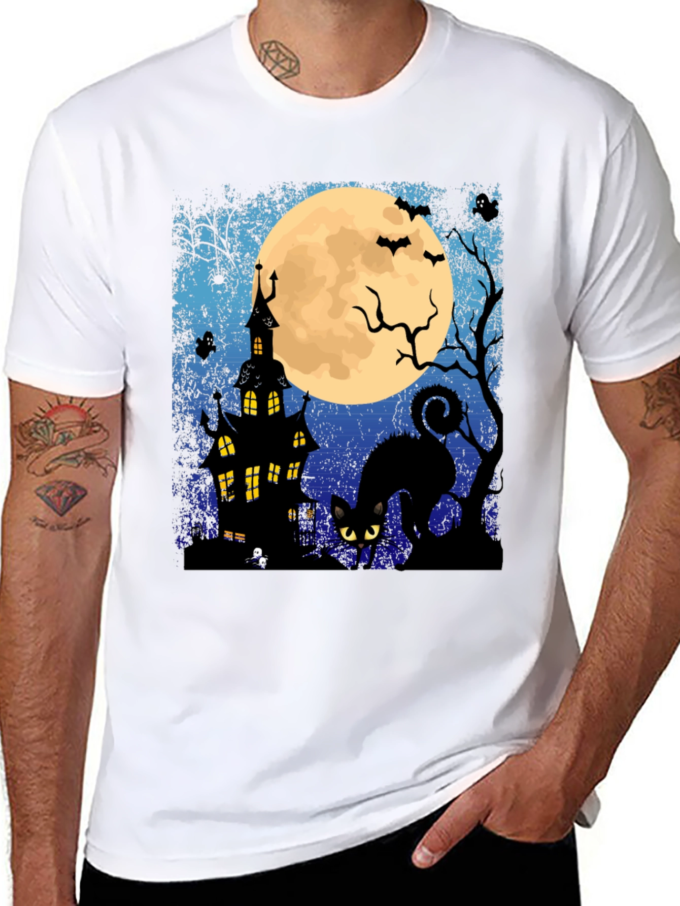 Halloween Black Cat & Haunted House T-Shirt