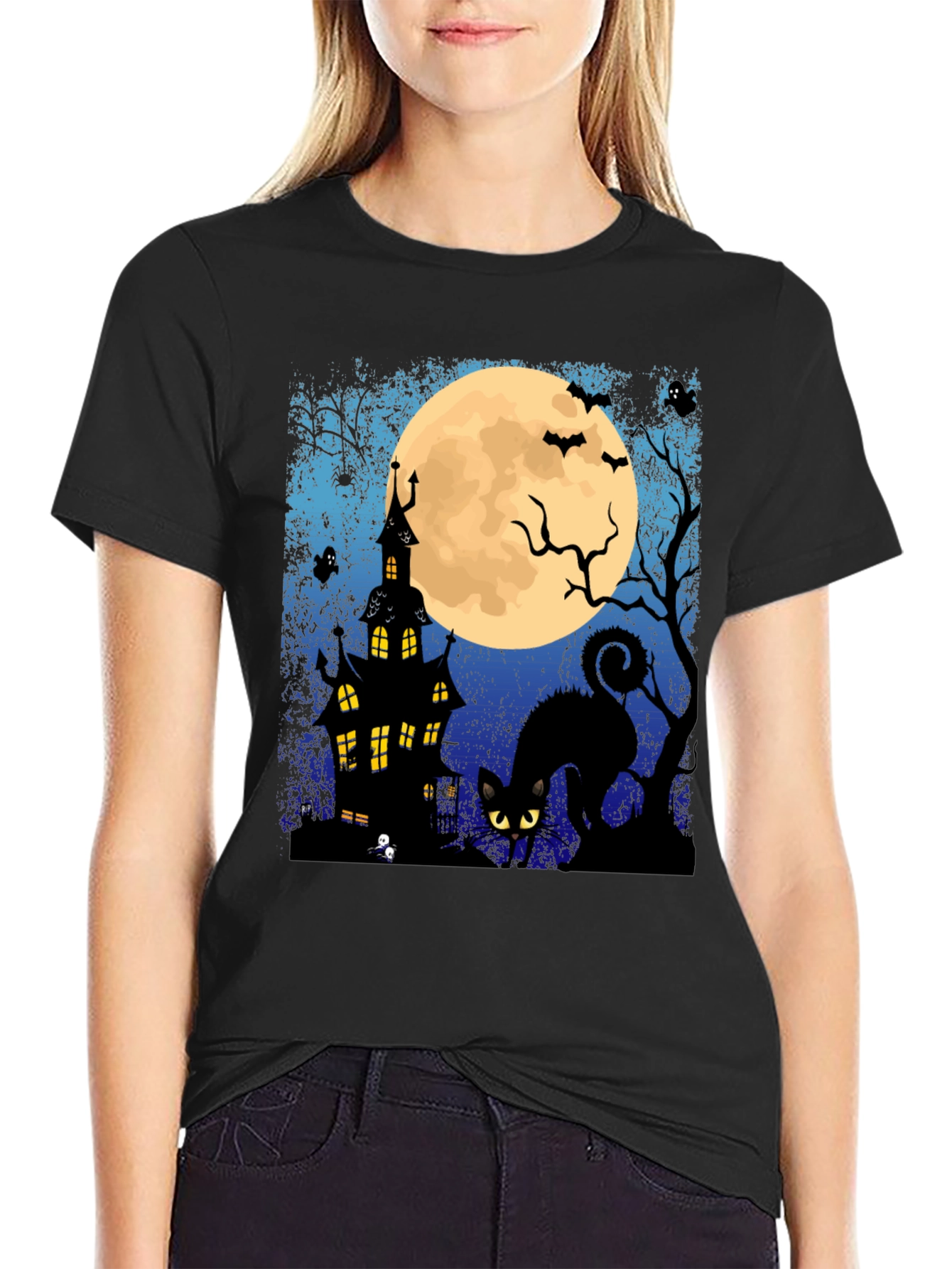 Halloween Black Cat & Haunted House T-Shirt