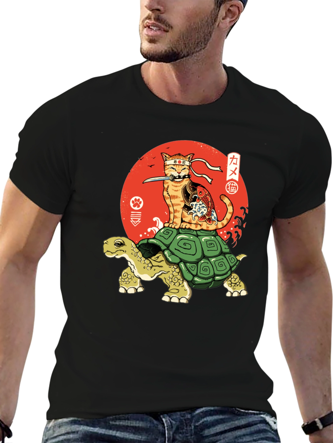 Ninja Cat Riding Turtle Graphic Tee