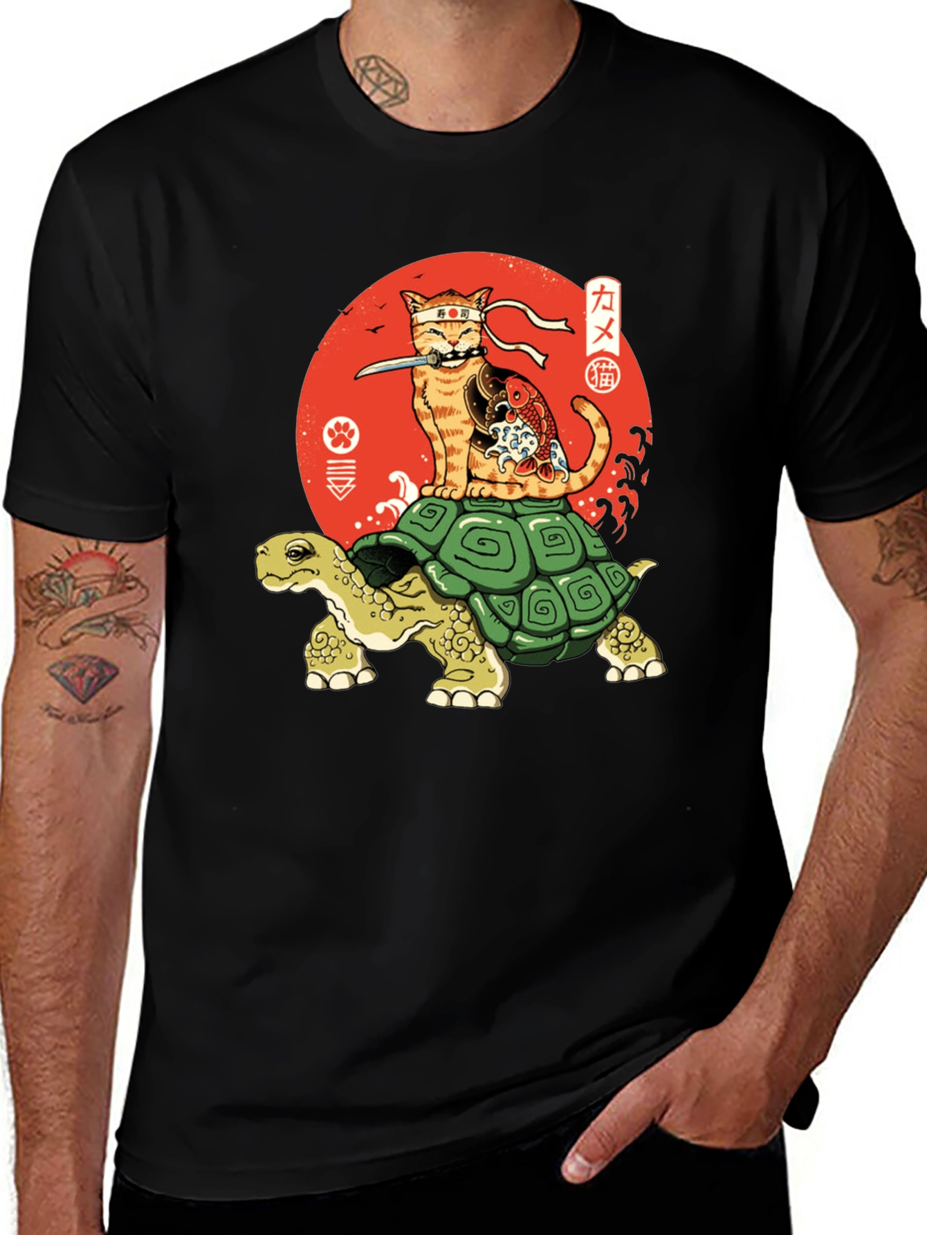 Ninja Cat Riding Turtle Graphic Tee