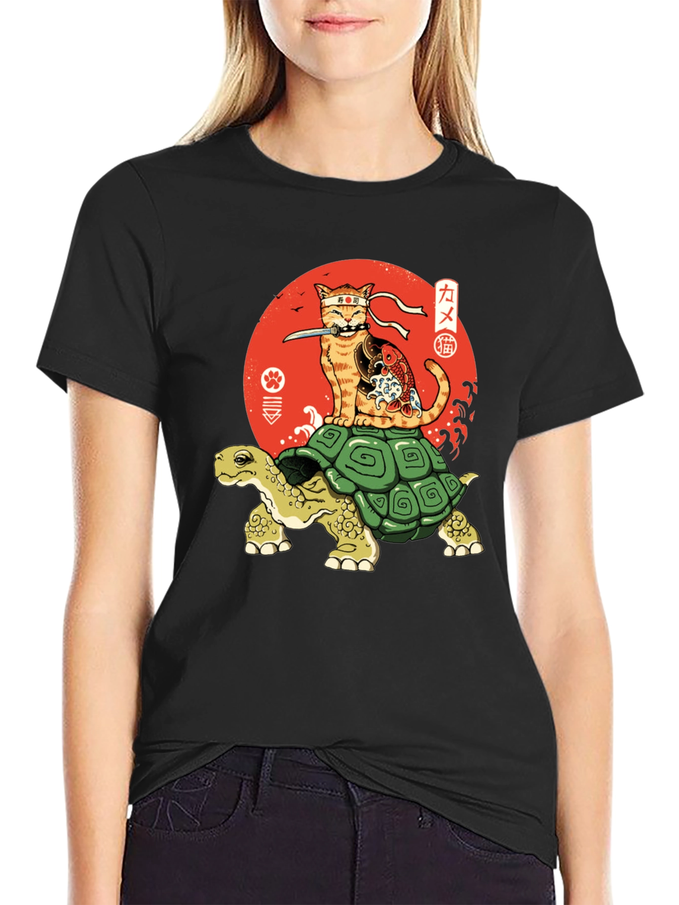 Ninja Cat Riding Turtle Graphic Tee