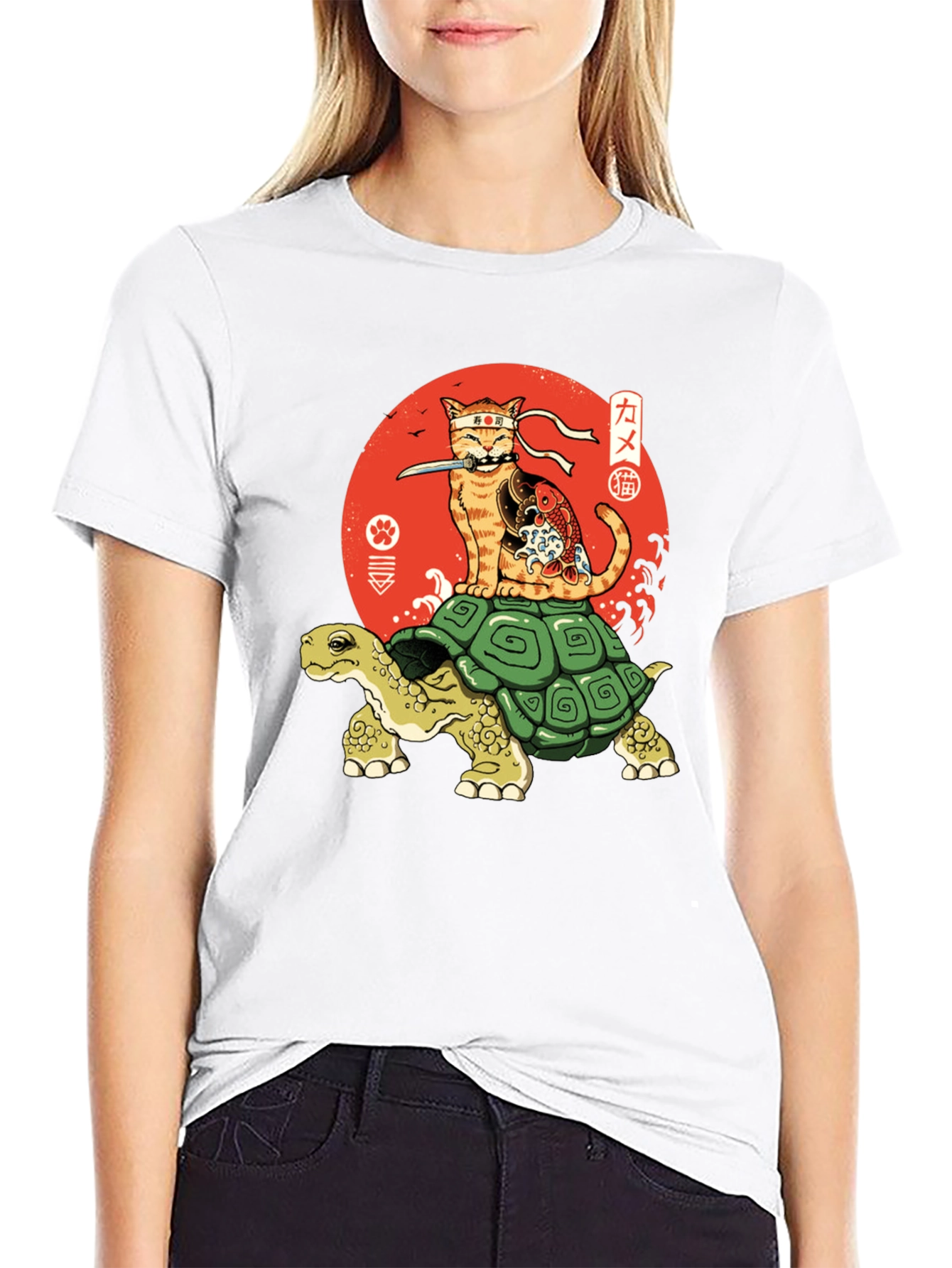 Ninja Cat Riding Turtle Graphic Tee