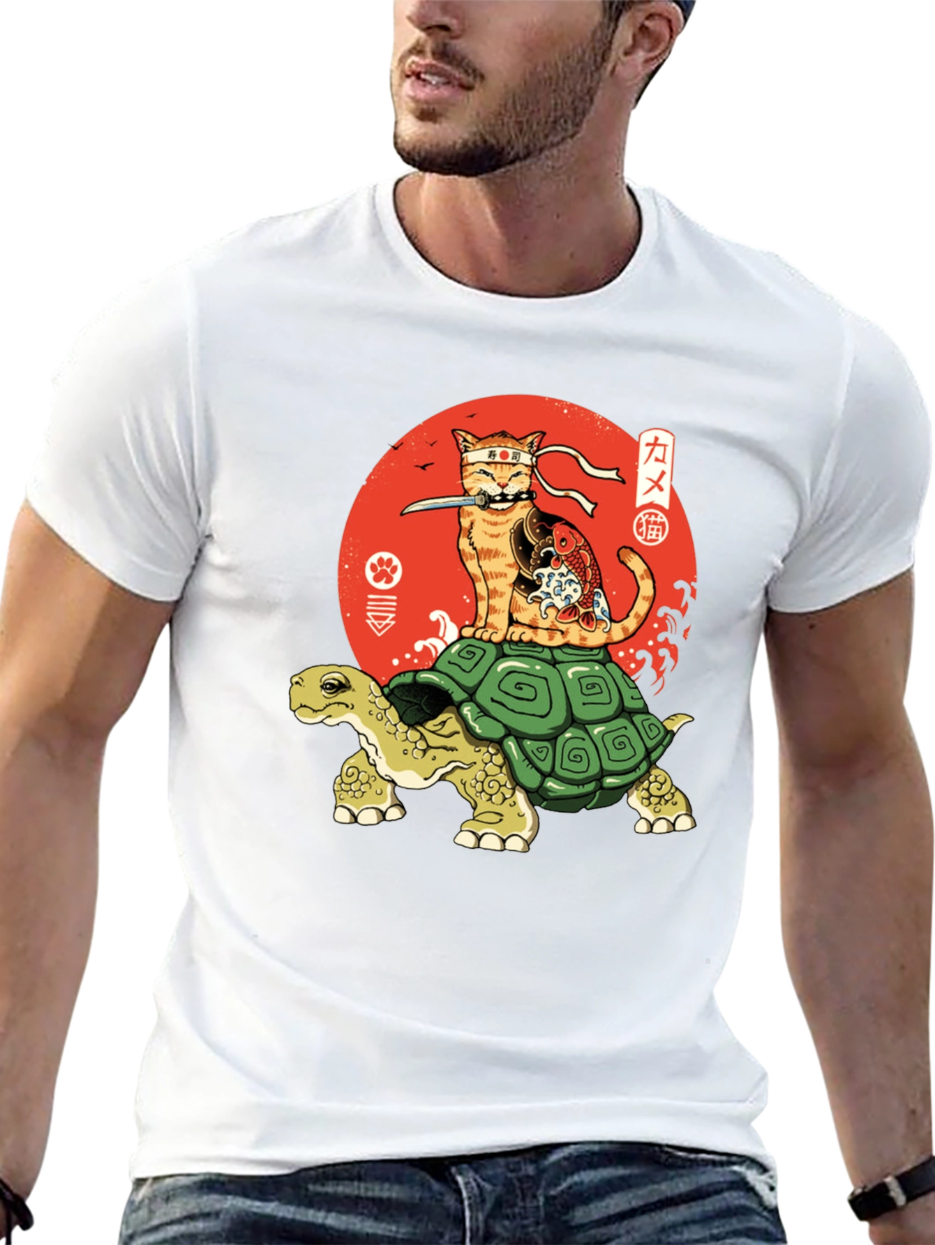 Ninja Cat Riding Turtle Graphic Tee