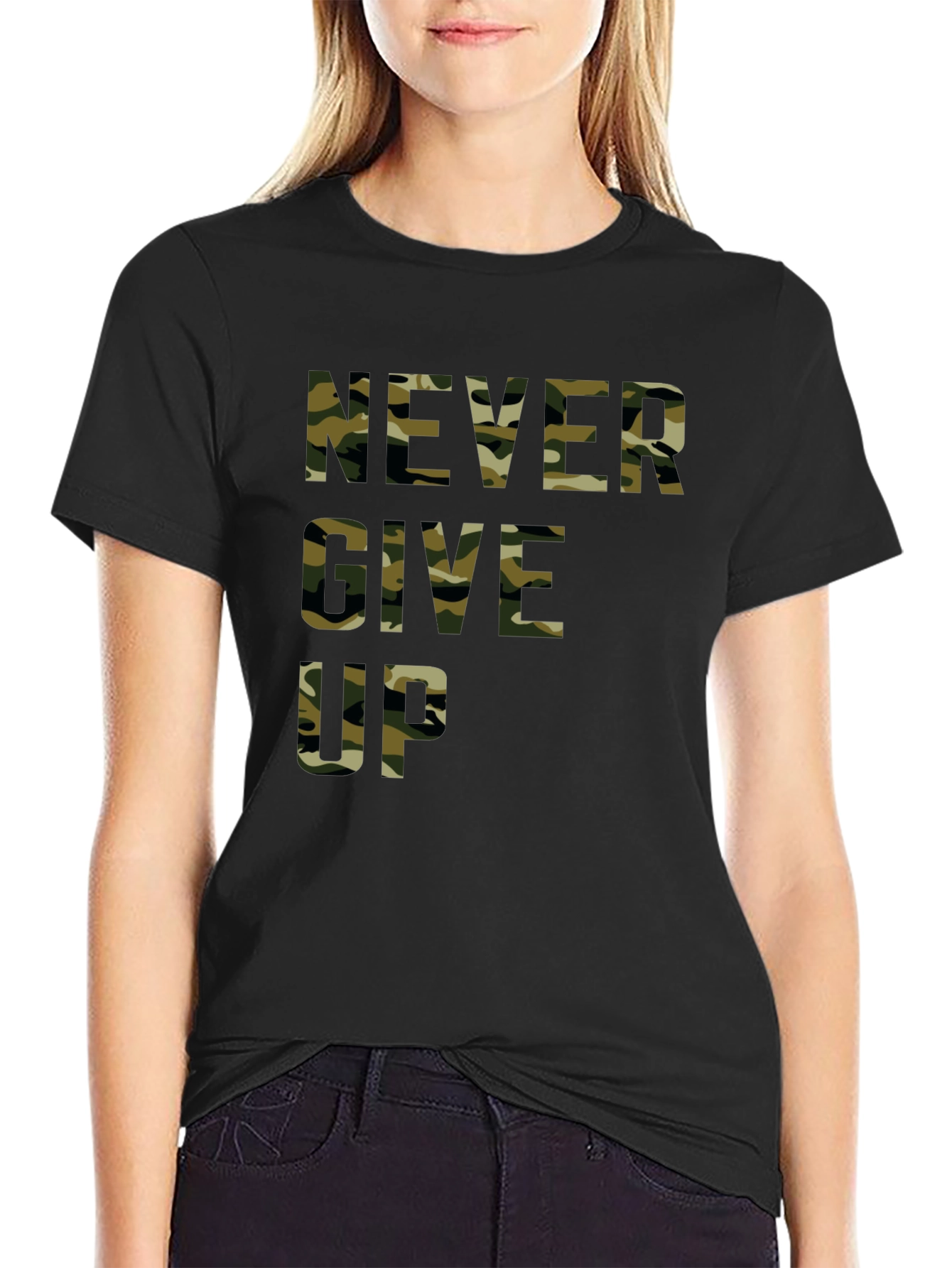 Camo Never Give Up Black T-Shirt - Motivational Tee