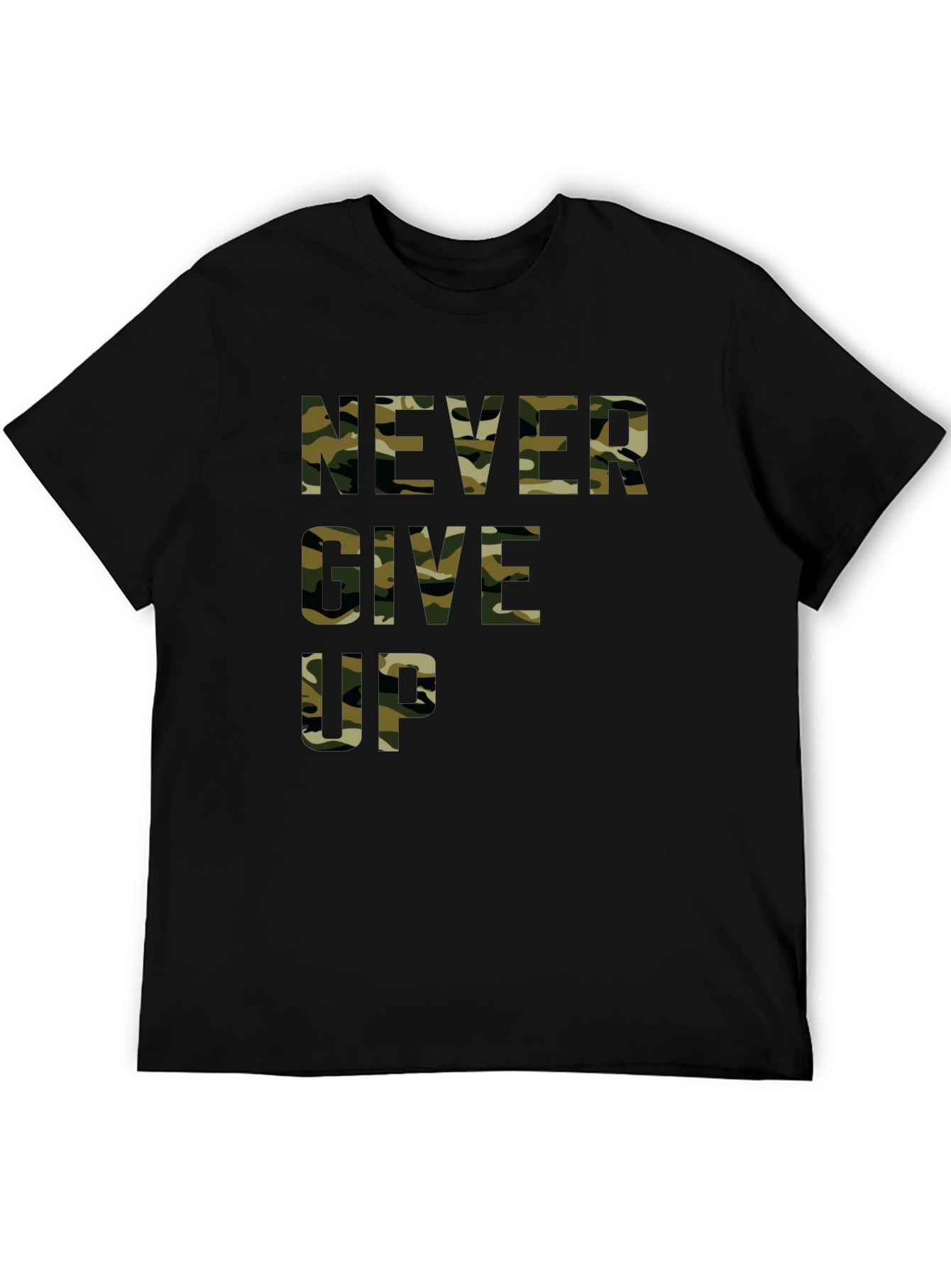 Camo Never Give Up Black T-Shirt - Motivational Tee