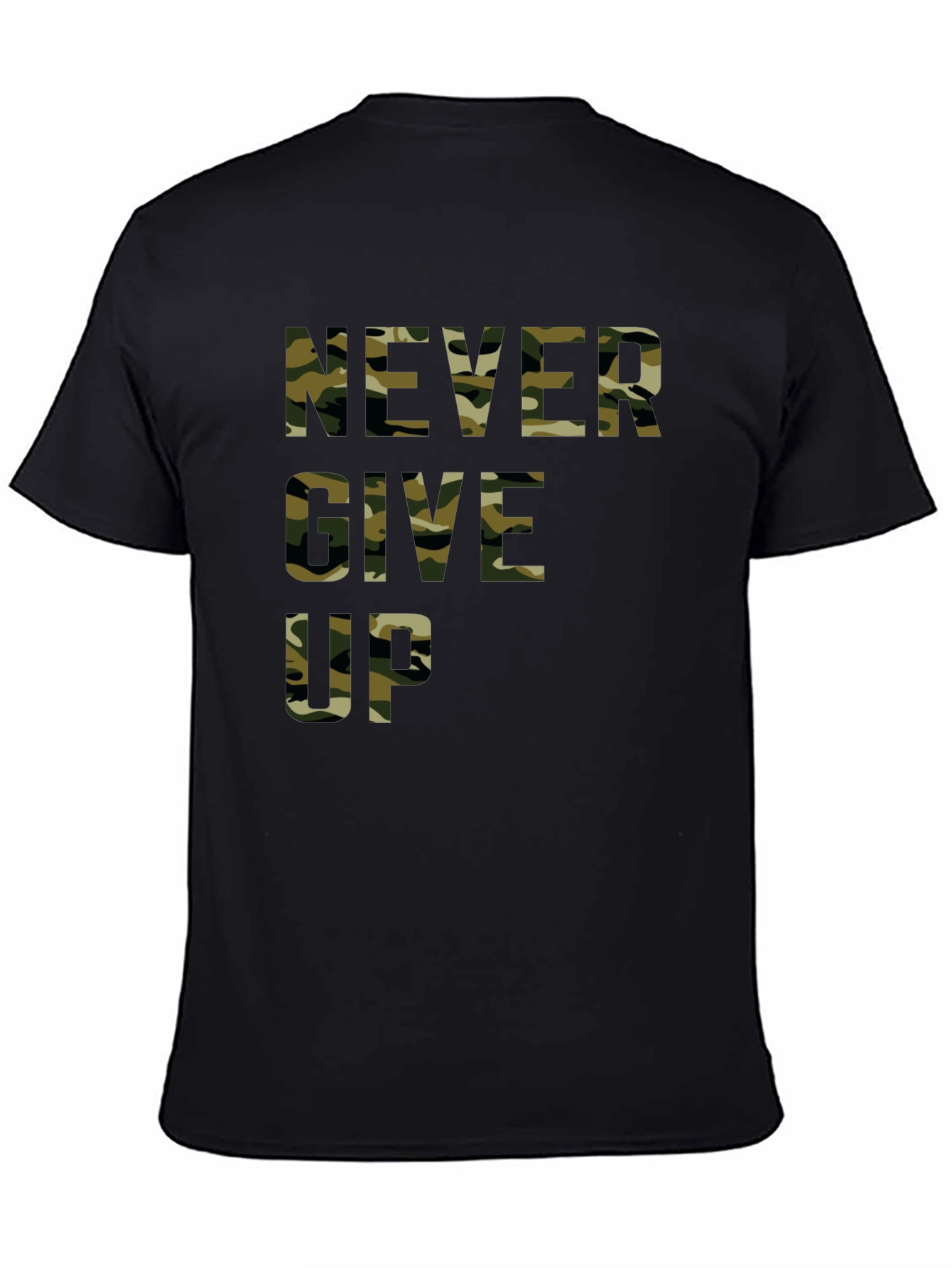 Camo Never Give Up Black T-Shirt - Motivational Tee