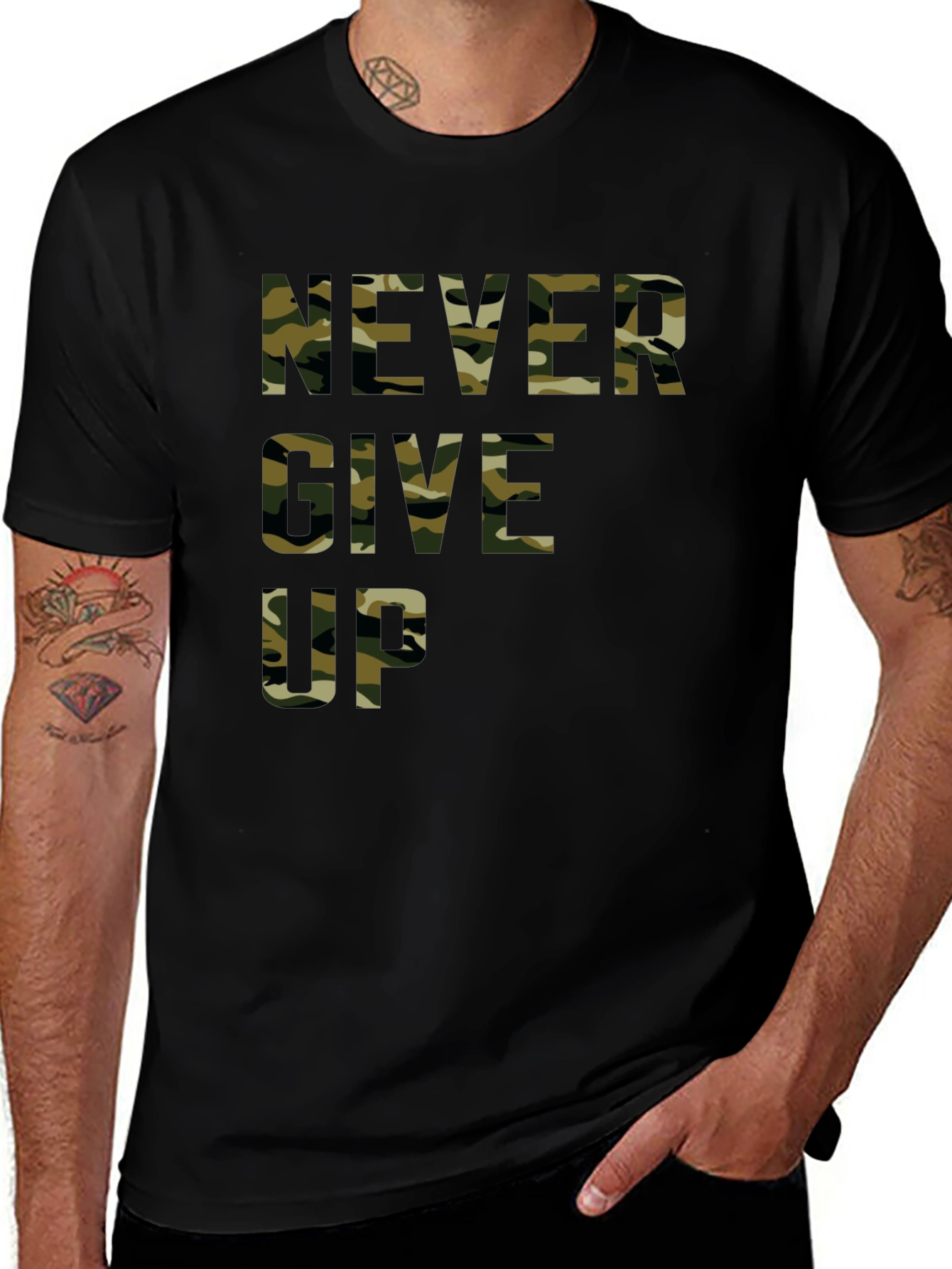 Camo Never Give Up Black T-Shirt - Motivational Tee