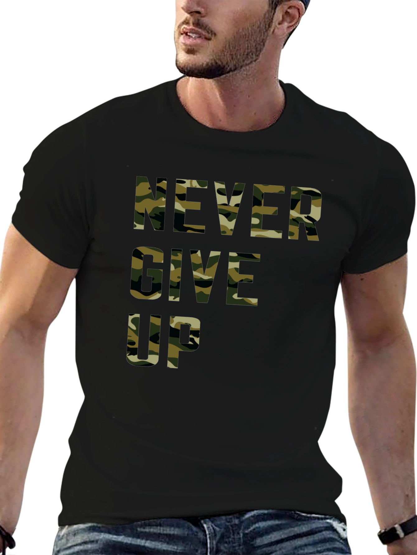 Camo Never Give Up Black T-Shirt - Motivational Tee