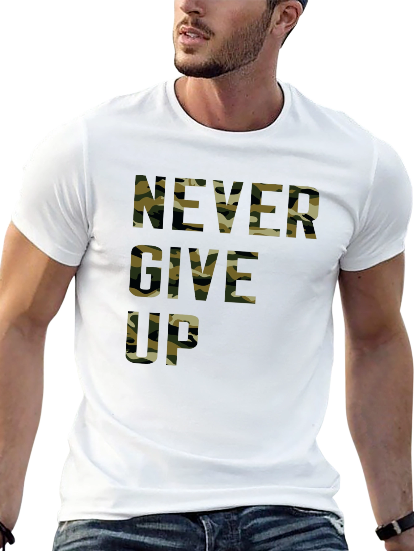 Camo Never Give Up Black T-Shirt - Motivational Tee