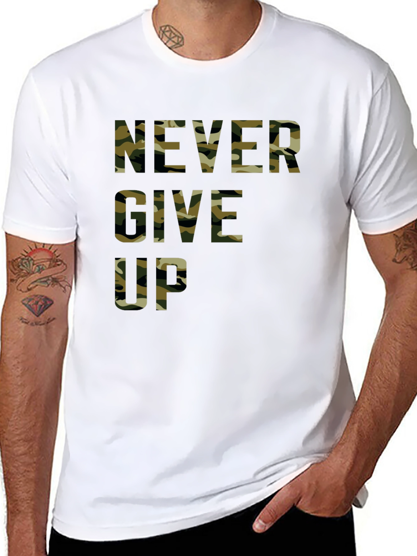 Camo Never Give Up Black T-Shirt - Motivational Tee