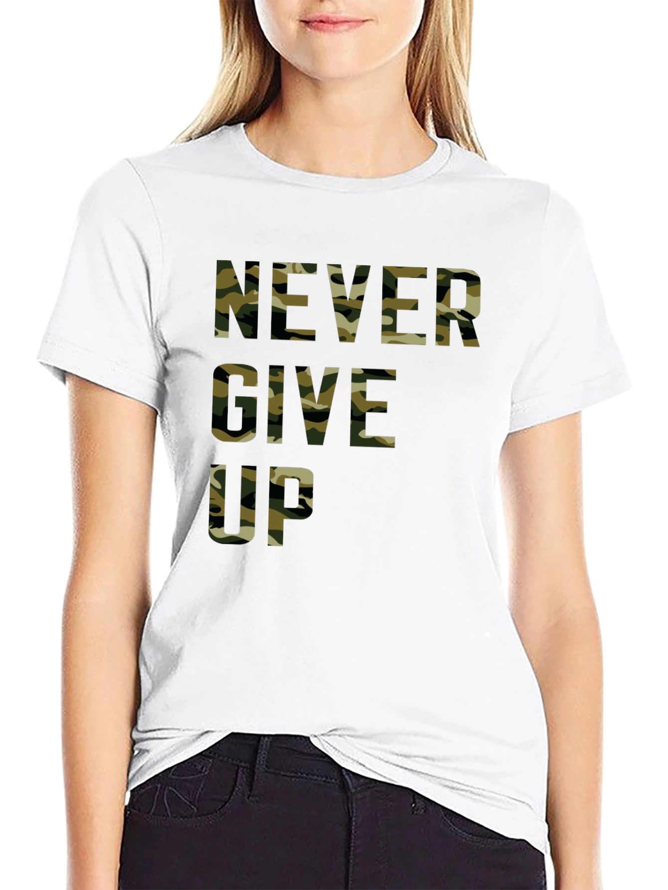 Camo Never Give Up Black T-Shirt - Motivational Tee