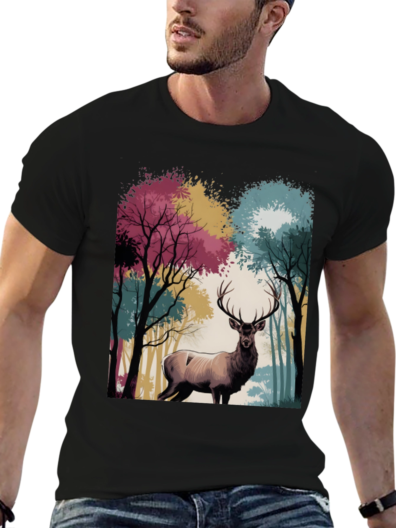 Nature Deer Graphic Tee - Black Casual T-Shirt