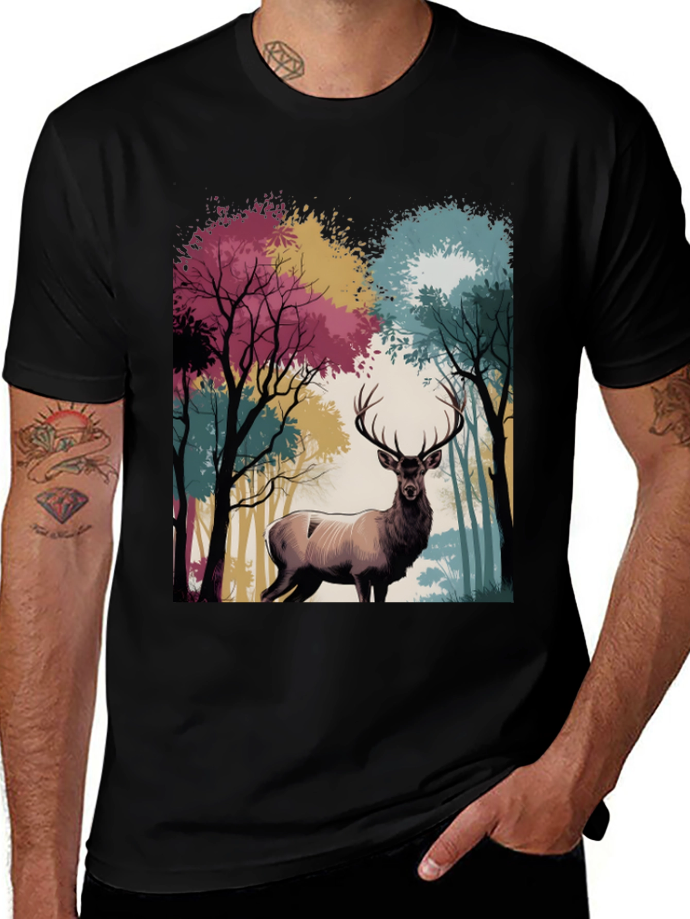 Nature Deer Graphic Tee - Black Casual T-Shirt