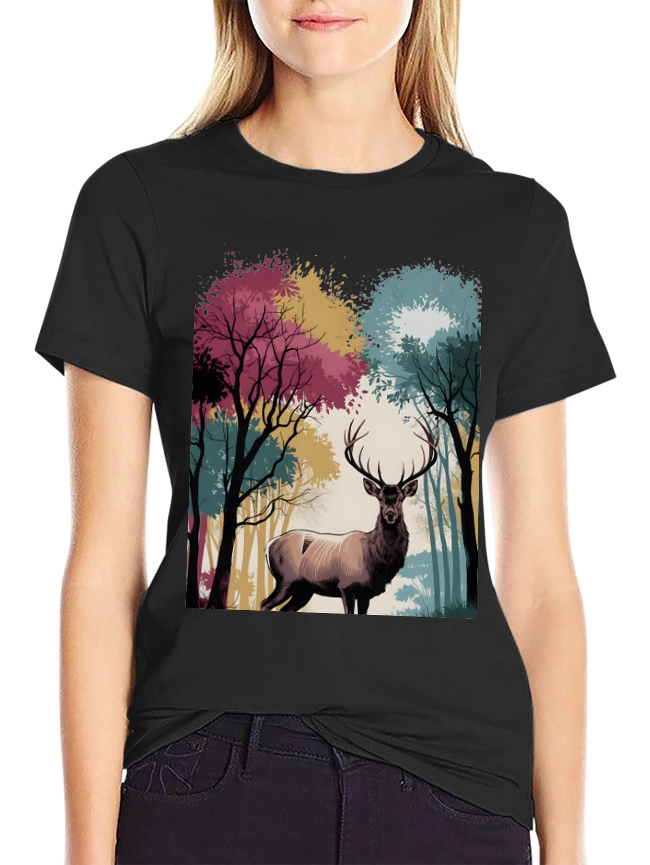 Nature Deer Graphic Tee - Black Casual T-Shirt