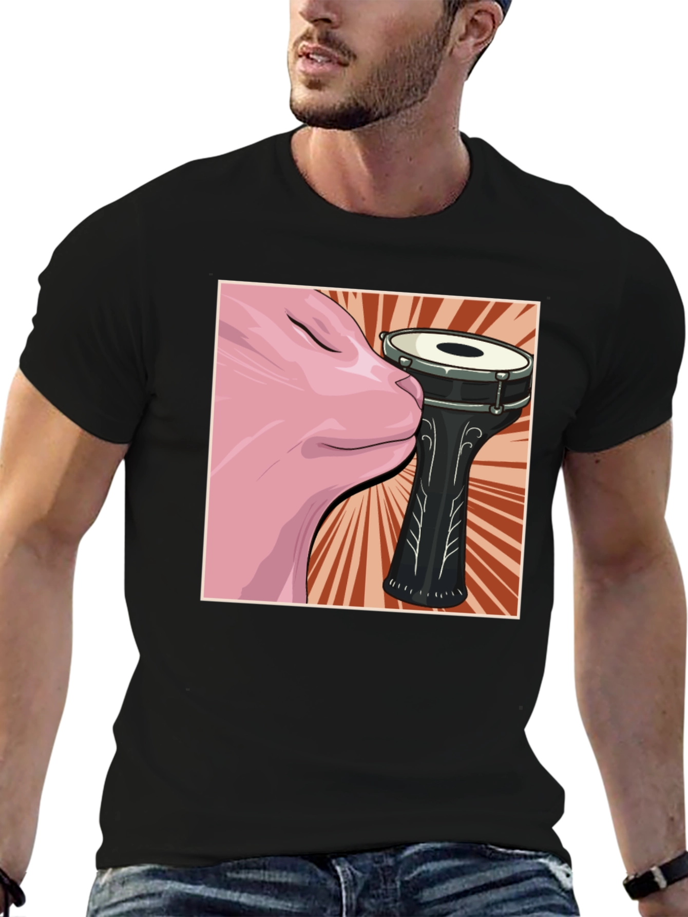 Cat Snuggling Darbuka Drum Graphic T-Shirt